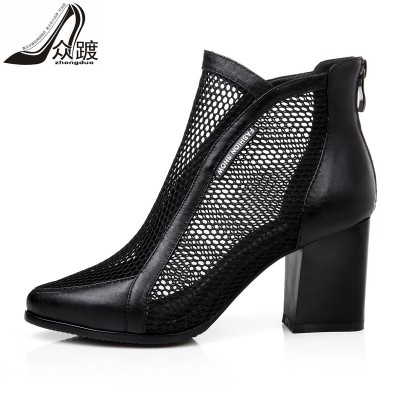 The new shoes leather boots female hollow net summer spring and summer short thick heeled boots shoes breathable shoes.