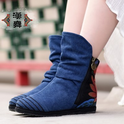 Chinese dance folk style shoes embroidered cloth boots autumn short side zipper fold all-match embroidery boots pure sandalwood