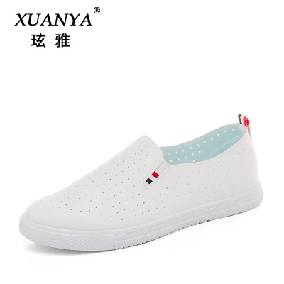  new canvas shoes female summer flat white shoe leather breathable lazy female student pedal shoes.