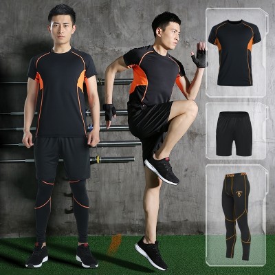 Loie Vatican fitness wear three or four piece spring male fitness tights short sleeved suit dry running speed at night or in the morning