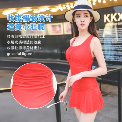 Ms Boxer Size Swimsuit Siamese conservative skirt type small chest cover belly thin black students hot spring swimming.