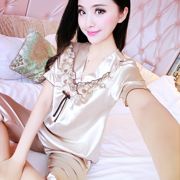 Female Sexy Pajamas Summer Short Suit Thin Silk Silk Home