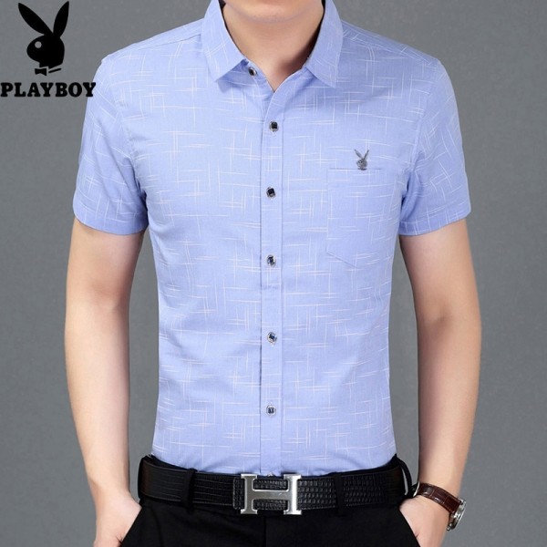 Dandy Men S Short Sleeve Shirt Lattice Korean Business Casual Slim