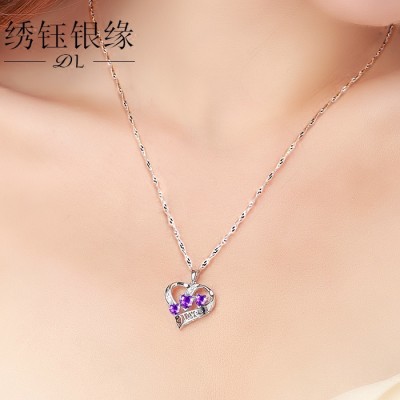 925 stříbrný náhrdelník den žen Korejský jednoduchý srdce ve tvaru Amethyst přívěsek platinovaný řetězec-uzamykací řetězec personalizované narozeninový dárek