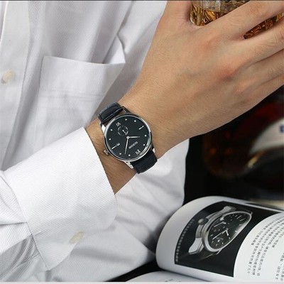 Pánské hodinky pravý pásek ultra-tenké pánské hodinky křemenné hodinky nepromokavé obchodní módní trendy hodinky muži