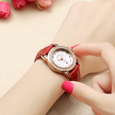 Dámské hodinky z pravé kůže hodinky ženské hodinky žárovky světelné módní trend ultra - tenké diamantové křemenné hodinky