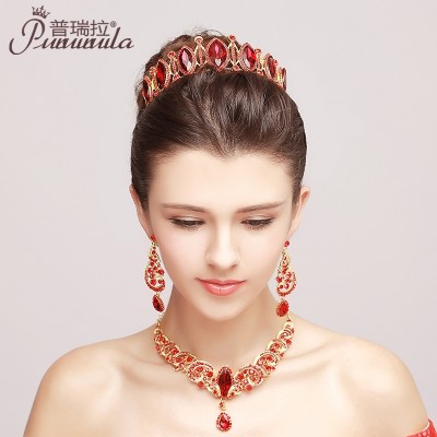 Nevěsta čelenka Rudé vlasové doplňky Svatební doplňky Malovaný náhrdelník Korejský korunkový třídílný svatební šperk