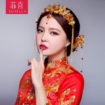 Nevěsta kostýmní čelenka set Čínské svatební ozdoby na vlasy Longfeng šaty ozdoby show Wo oblečení Fengguan svatební doplňky