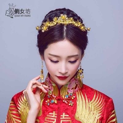 Nevěsta kostým zlatá čelenka set Čínské svatební vlasy ozdoby drak a phoenix šaty šperky show Wo oblečení svatební doplňky Phoenix koruna