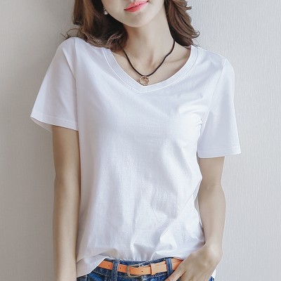 Letní krátké rukávy s krátkým rukávem V-neck tričko Paní volné jednoduché divoké čisté bílé tričko košile bavlna košile košile košile