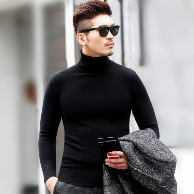Pánské vysoké hrdlo svetr podzimní a zimní sady svetrů tlustý svetr korejské verze trendu čistě černé dno košili