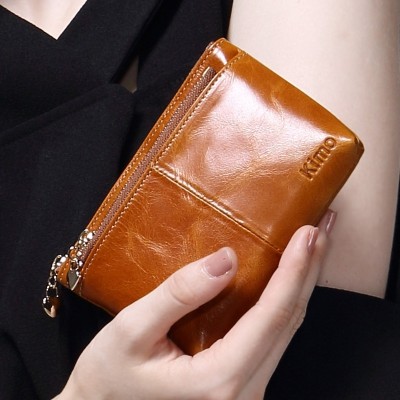 Cowhide peněženka taška ženská kožená peněženka krátká část studentská zipská kabelka dostat klíčenku