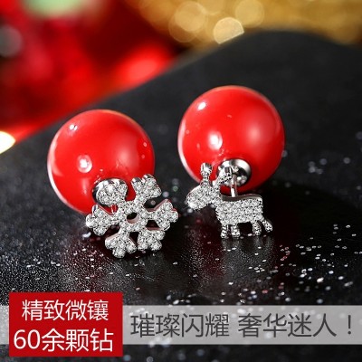 925 Stříbrný Nový rok slavnostní červené Stud náušnice Žena sněhové vločky Elk Deer korejský temperament korejský styl vánoční náušnice