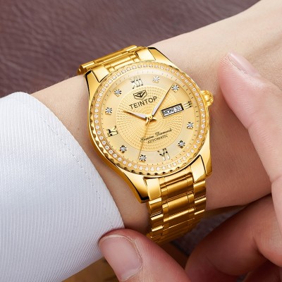 Módní diamantové automatické mechanické hodinky světelné vodotěsné hodinky pro muže dvojitý kalendář zlaté hodinky mužské