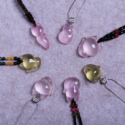 Otevřená přírodní růžová křišťálová liška přívěsek tahy broskvový růžový křišťál náramek žlutá krystalová liška stříbrná náhrdelník žena poslat Ling Fu