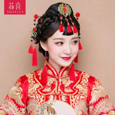 Nevěsta kostýmu čelenka set Čínské svatební vlasy ozdoby drak a phoenix šaty šperky Phoenix koruna svatební show Wo oblečení příslušenství