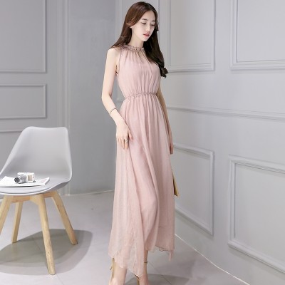 Pink bez rukávů šifónové šaty v dlouhém létě nové ženy korejské sukně šaty sukně
