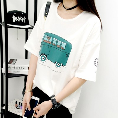 Letní jednoduché tričko dámské volné tričko dámské krátké rukávy korejské fanoušek karikatury tic košile dno košile dámské ženy korejské dámské oděvy