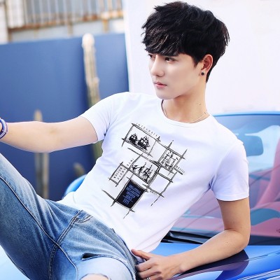 Pánské krátké rukávy tričko letní nová kórejská verze štíhlých bílých punčochových pánů nosí oblečení