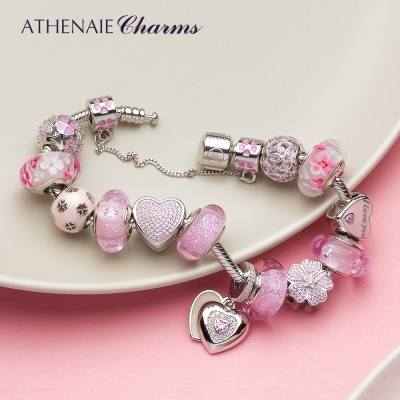 ATHENAIE Pink Cherry Blossom fargerik glasert anheng sølvarmbånd 925 nucellus