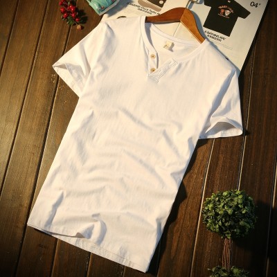  menns kortermet T-skjorte, sommer tidevann V-krage for menn, T-skjorte i ren bomull, slank erme, bunnsskjorte, klær i ren farge