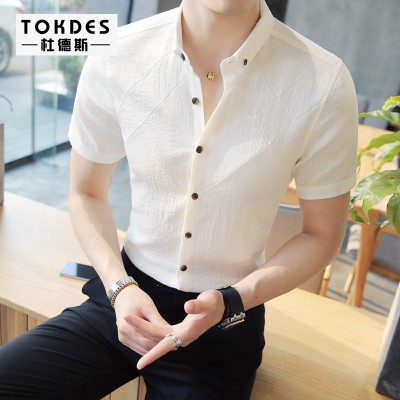 menns sommer koreansk stil slank skjorte, ung uformell engelsk rutete frisør, ermet skjorte