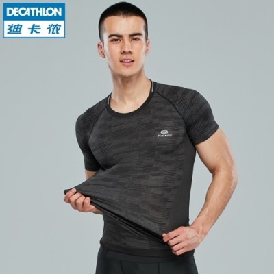 Decathlon menns atletisk strømpebukse elastisk pustende, hurtig tørr løpende kort ermet T-skjortejakke KALENJI trening