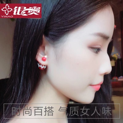 S925 sølvnål snørød imitert perle ny ørering kvinnelig sørkoreansk personlighet tosidige kontrakterte øreringer