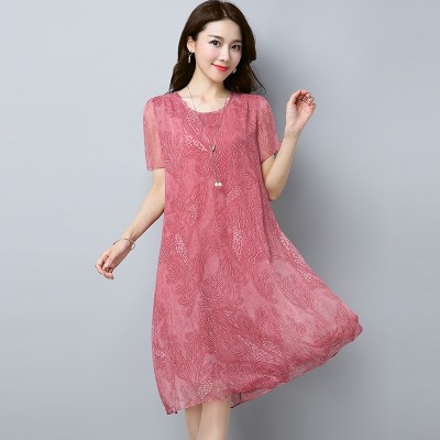 Silke chiffong kjole mote slank skjørt Koreansk kortermet T-skjorte utskrift ny sommer kjole
